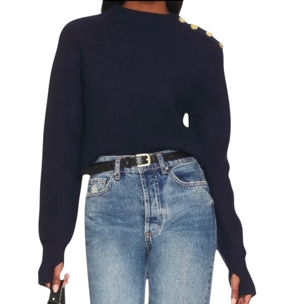 Rag & Bone Nancy Merino Wool Blend Crew Neck Gold Button Shoulder Pullover